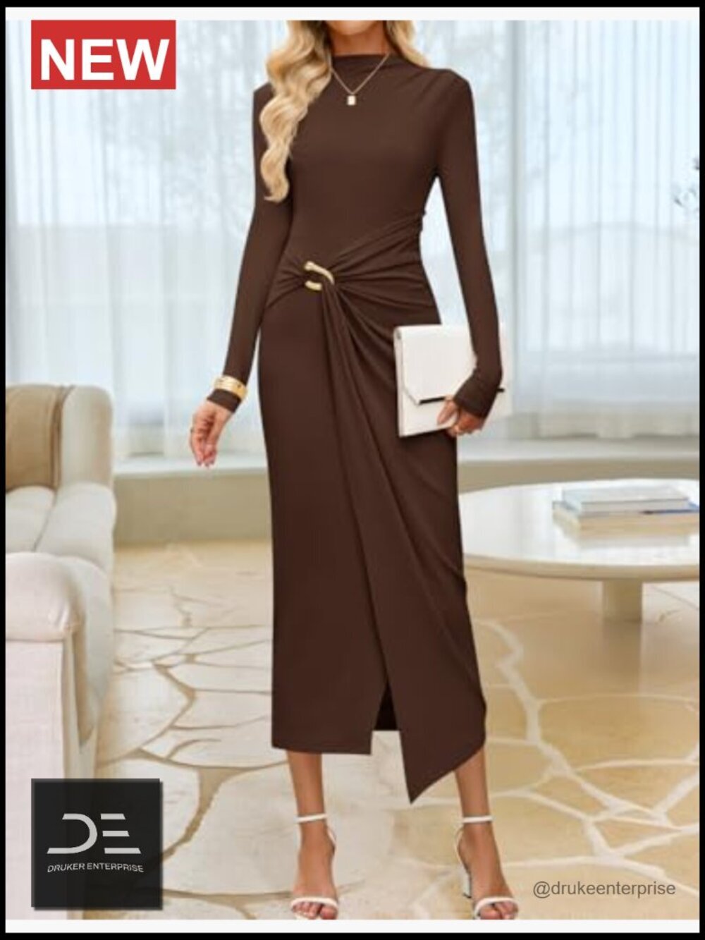 Long Sleeve Mock Neck Bodycon Midi Dress Cocktail Party Wedding Guest - Picture 3 of 7